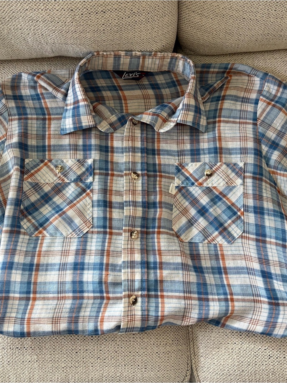 Men’s Vintage Levi's Blue, Brown and Cream Plaid Button-Down Shirt